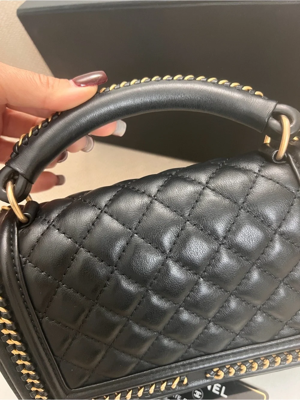CHANEL Black Quilted Leather Shoulder Boy Bag with Gold Hardware